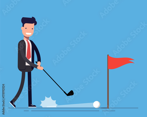 Concept of a good deal. Businessman or Manager plays golf. The ball rolls into the hole. I hit the target exactly. Flat vector illustration.