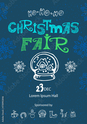 Christmas fair, market announcement poster, card template with snow globe.