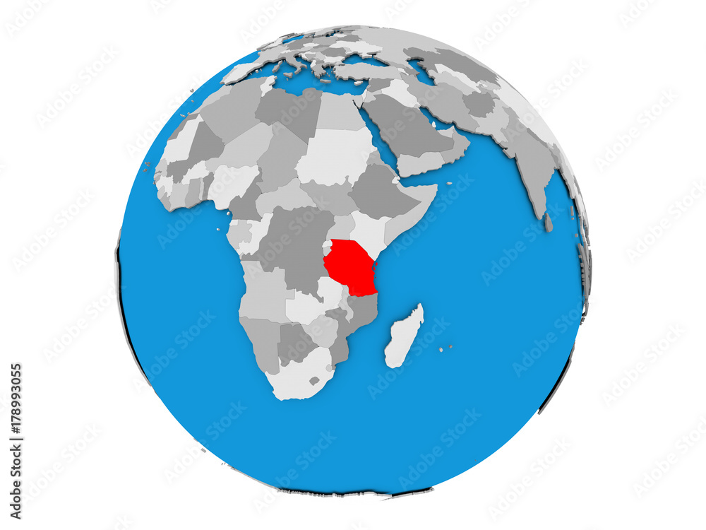 Tanzania on globe isolated