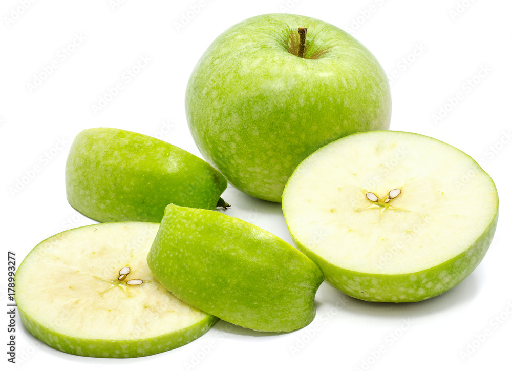 Sliced Granny Smith, one whole apple, circles and slices, isolated on white background Sliced Granny Smith, one whole apple, circles and slices, isolated on white background