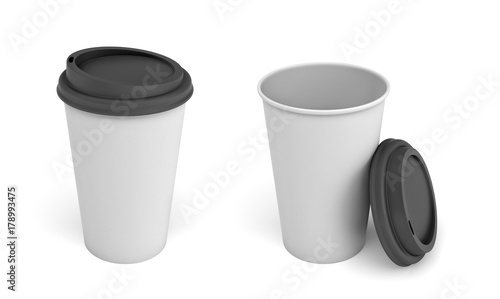 3d rendering of two white paper coffee cups with black lids, one closed and one open and leaning on the cup