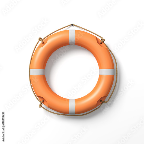3d rendering of a single orange life buoy hanging from a nail in the wall.