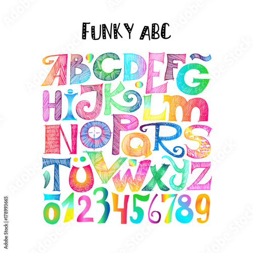 Funky ABC. Hand drawn sketchy letters and numerals with gradient. Retro style.