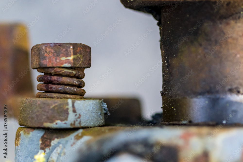 Rusty bolt and spring, macro side view. Closeup of old corroded metal bolt. Rusty bolt and spring, macro side view. Closeup of old corroded metal bolt.