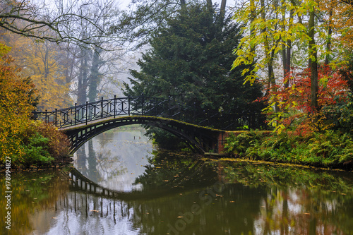 Scenic view of misty autumn landscape with beautiful old bridge in the garden with red maple foliage.