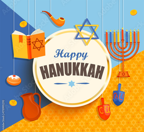 Happy hanukkah card with golden frame on geometric background with different hanukkah symbols. Vector illustration.