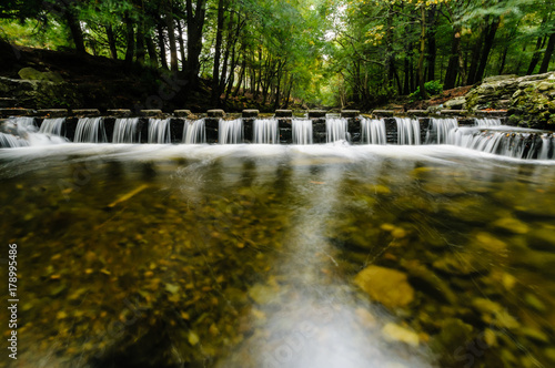 Water flowing between stepping stones on the Shimna River  Tollymore Forest  Northern Ireland  featured in Game of Thrones