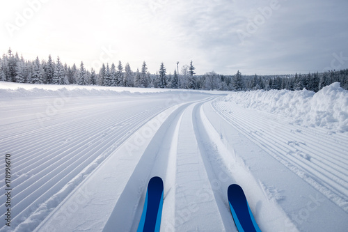 Bild auf Leinwand Winter mountain landscape with cross country skiing trails, Jeseniky mountains,