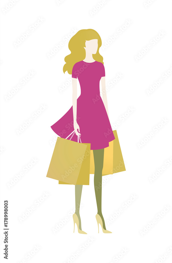 Elegant young woman with shopping bags. Vector