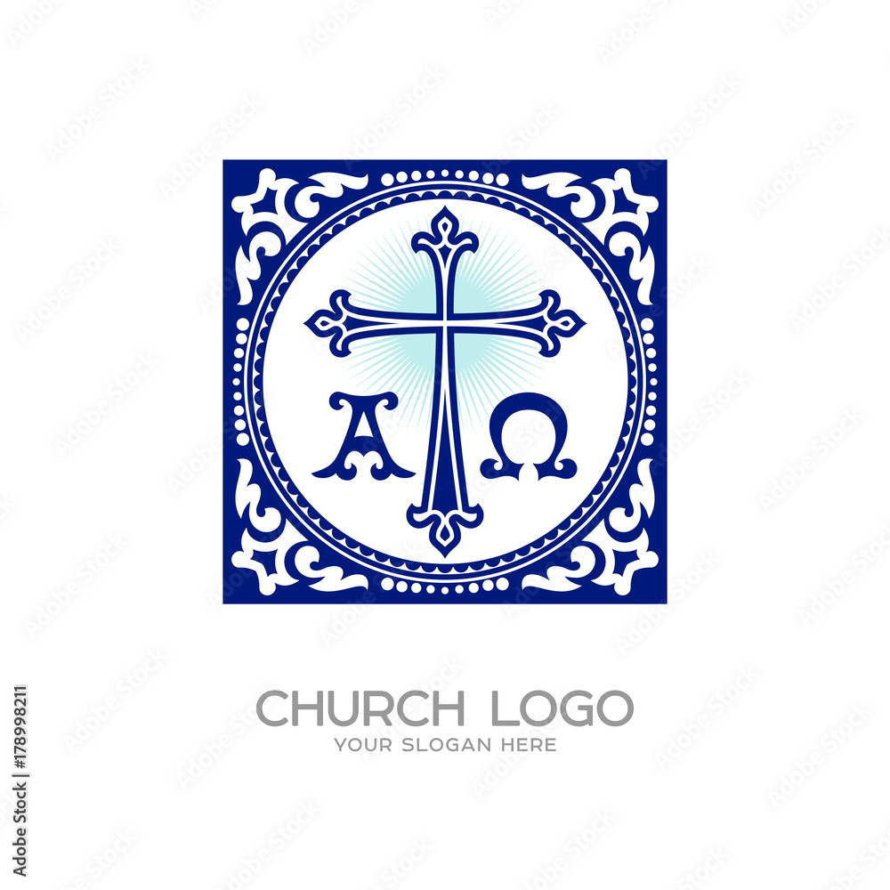 Obraz premium Church logo. Christian symbols. Cross of Jesus, symbols - alpha and omega