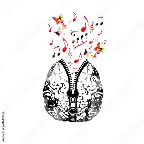 Music poster design with human brain with zipper and colorful music notes. Creativity concept with music notes