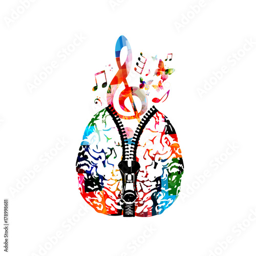 Music poster design with human brain with zipper and colorful music notes. Creativity concept with music notes