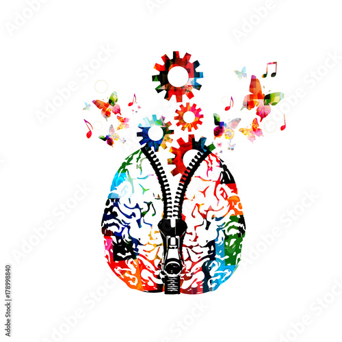 Colorful human brain with zipper and gears vector illustration. Creativity and working concept, education background, brainstorming