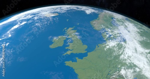 Animation of British Islands, Great Britain, Ireland, isle of Man, Shetland Islands, Outer Hebrides, Orkeney Islands, Wight Island, Anglesey, in planet earth, view from outer space photo