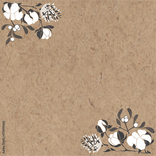 Christmas  background with cones, mistletoe and cotton on kraft paper. Can be greeting card, invitation, design element.  Corner composition.