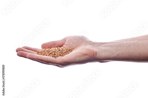 A man holds buckwheat in the palm of his hand. A handful of useful for diet and slimming porridge. The main ingredient for cooking porridge, soup. Hand of a guy on a white background in photo studio.