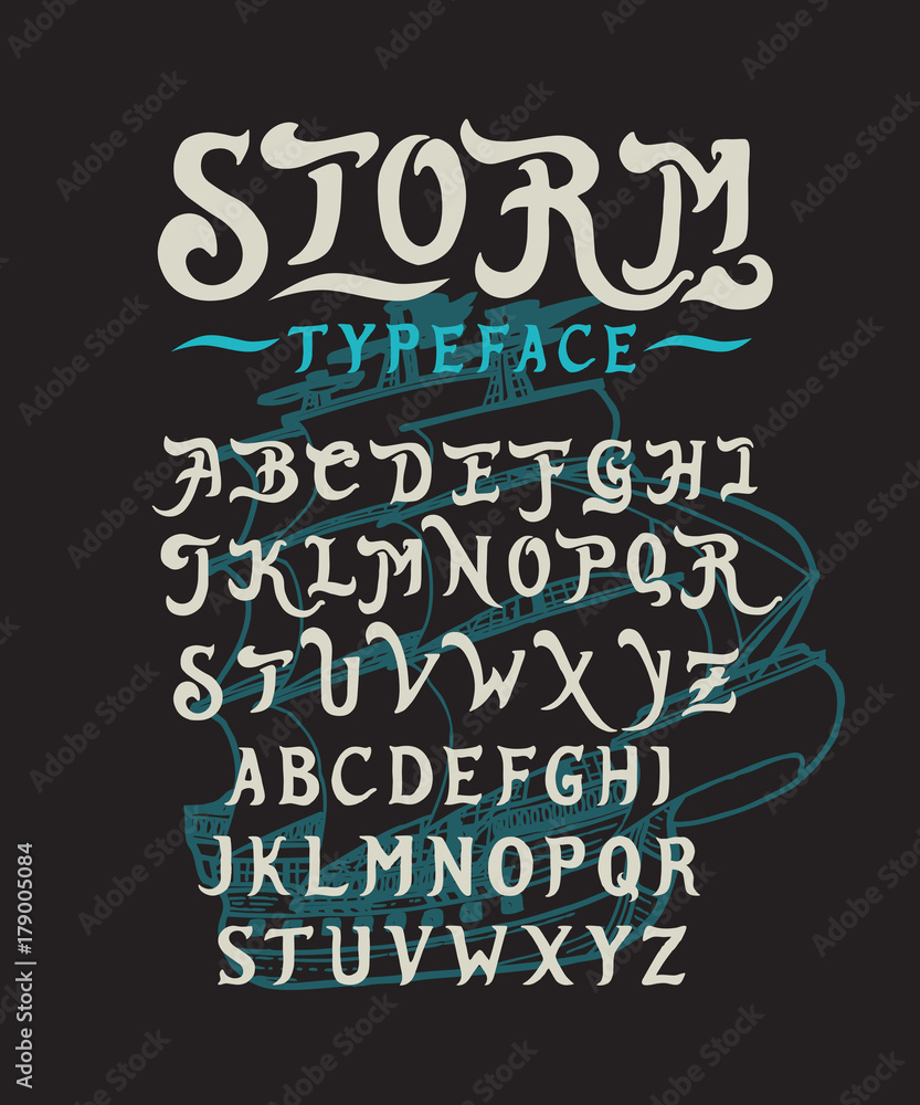 Font Storm. Hand crafted stylized retro vintage typeface design. Original handmade lettering type alphabet on navy background. Authentic handwritten font, vector set letters. Art script logo, label.