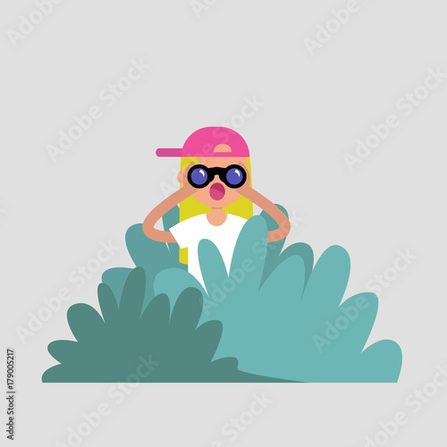 Young female character hiding in the bushes and looking through binoculars. Spying, conceptual illustration. Special agent. Secret mission. Sneak peek. Flat vector illustration, clip art