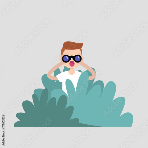 Young character hiding in the bushes and looking through binoculars. Spying, conceptual illustration. Special agent. Secret mission. Sneak peek. Flat vector illustration, clip art