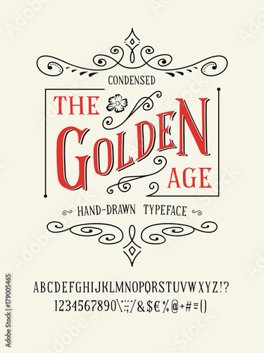 THE GOLDEN AGE FONT. Old retro typeface design. Hand made type alphabet. Authentic letters, numbers, punctuation. Script art for fashion apparel t shirt print graphic vintage vector badge label logo