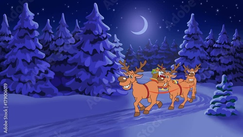 Christmas card. Greeting animation film with cartoon character Santa Claus. 