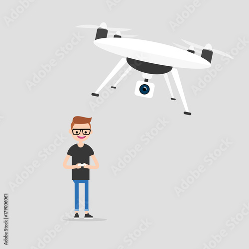 New technologies. Young character controlling a drone with a remote controller / flat editable vector illustration, clip art