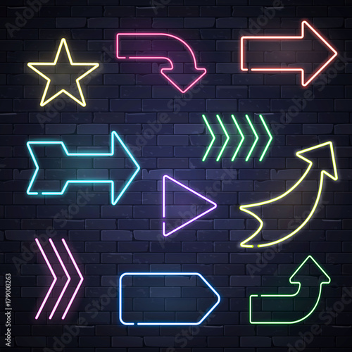 Set of neon frame star arrows pointers signs light electric banners glowing on black brick wall background, vector illustration