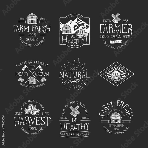 SET OF BADGE FOR FARMERS MARKET, FARM FRESH AND NATURAL  FOOD LOCAL GROWN. Handmade the barn, tractor, mill retro style. Design fashion badge for print. Graphic vintage vector label logo tag template.