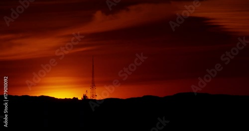 Telephoto shot of sunset over Hollywood Hills, Los Angeles, California