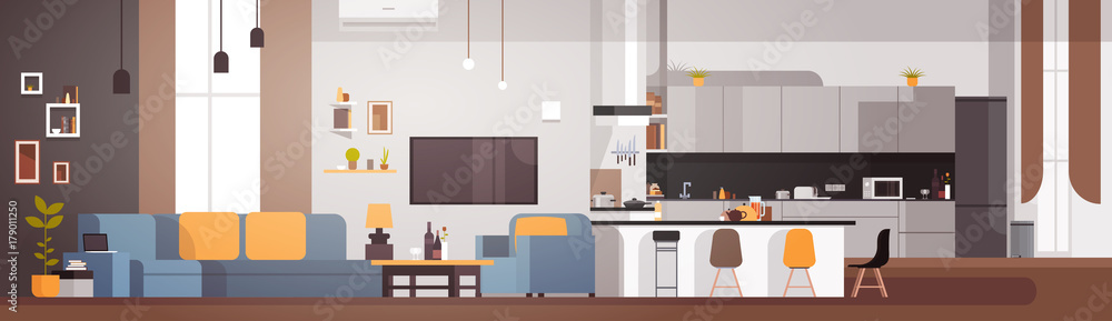 Modern Apartment Interior With Living Room And Kitchen Horizontal Banner Flat Vector Illustration