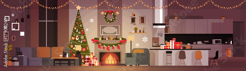 Living Room Decorated For Christmas And New Year Horizontal Banner Pine Tree , Fireplace And Garlands Holidays Home Interior Flat Vector Illustration