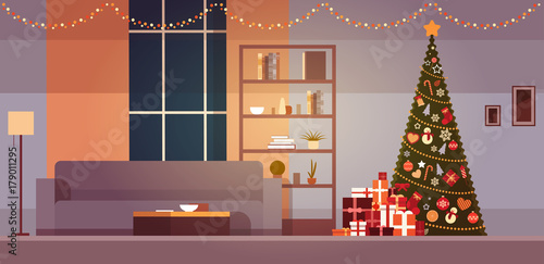 Modern Living Room With Winter Holidays Decorations Christmas Tree And Garlands Home Interior Flat Vector Illustration