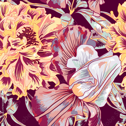 Fototapeta Naklejka Na Ścianę i Meble -  Peony Vector Seamless Pattern