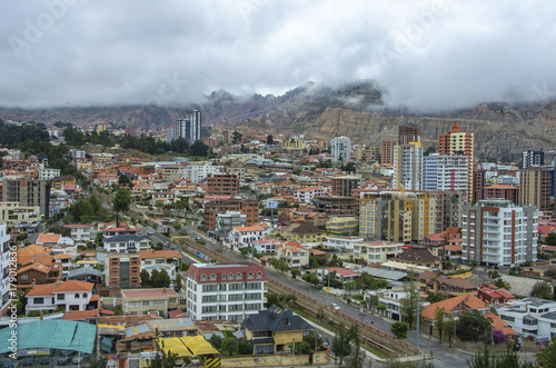 Cityscape of La Paz in Bolivia with morning fog