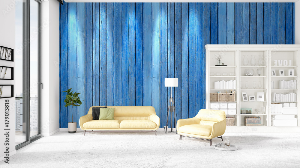 Scene with brand new interior in vogue with white rack and yellow couch. 3D rendering. Horizontal arrangement. Scene with brand new interior in vogue with white rack and yellow couch. 3D rendering. Horizontal arrangement.