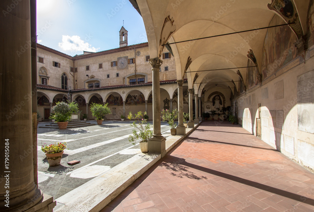 Exterior view (Courtyard) of the Basilica della Santissima Annunziata in Florence, Tuscany, Italy