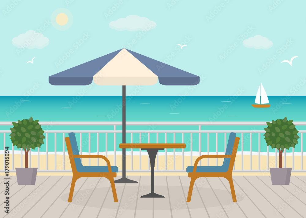 Cafe on the terrace near the sea. Sea landscape. Vector illustration. 
