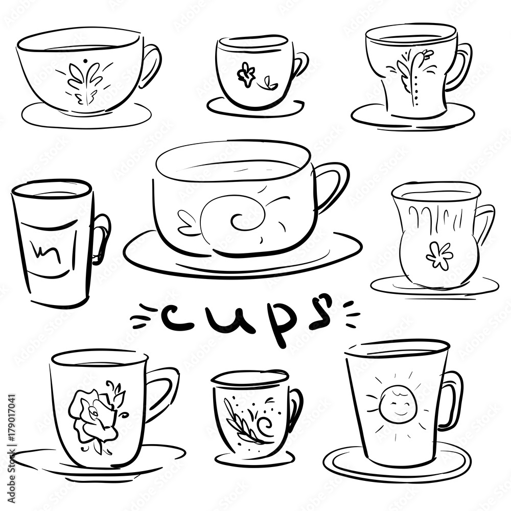 Set of doodle different cups and mugs - Sketch, icons, signs Set of doodle different cups and mugs - Sketch, icons, signs