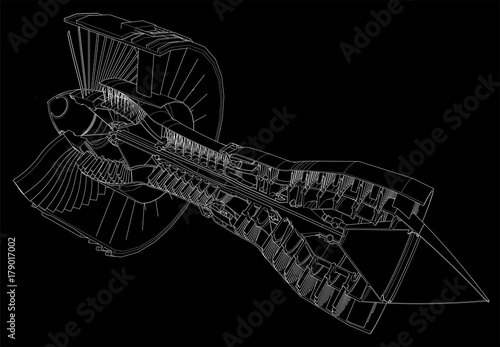 Turbo jet engine aircraft. Vector line illustration.