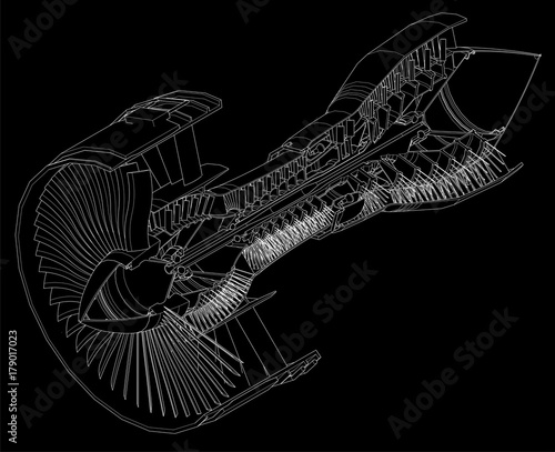 Turbo jet engine aircraft. Vector line illustration.