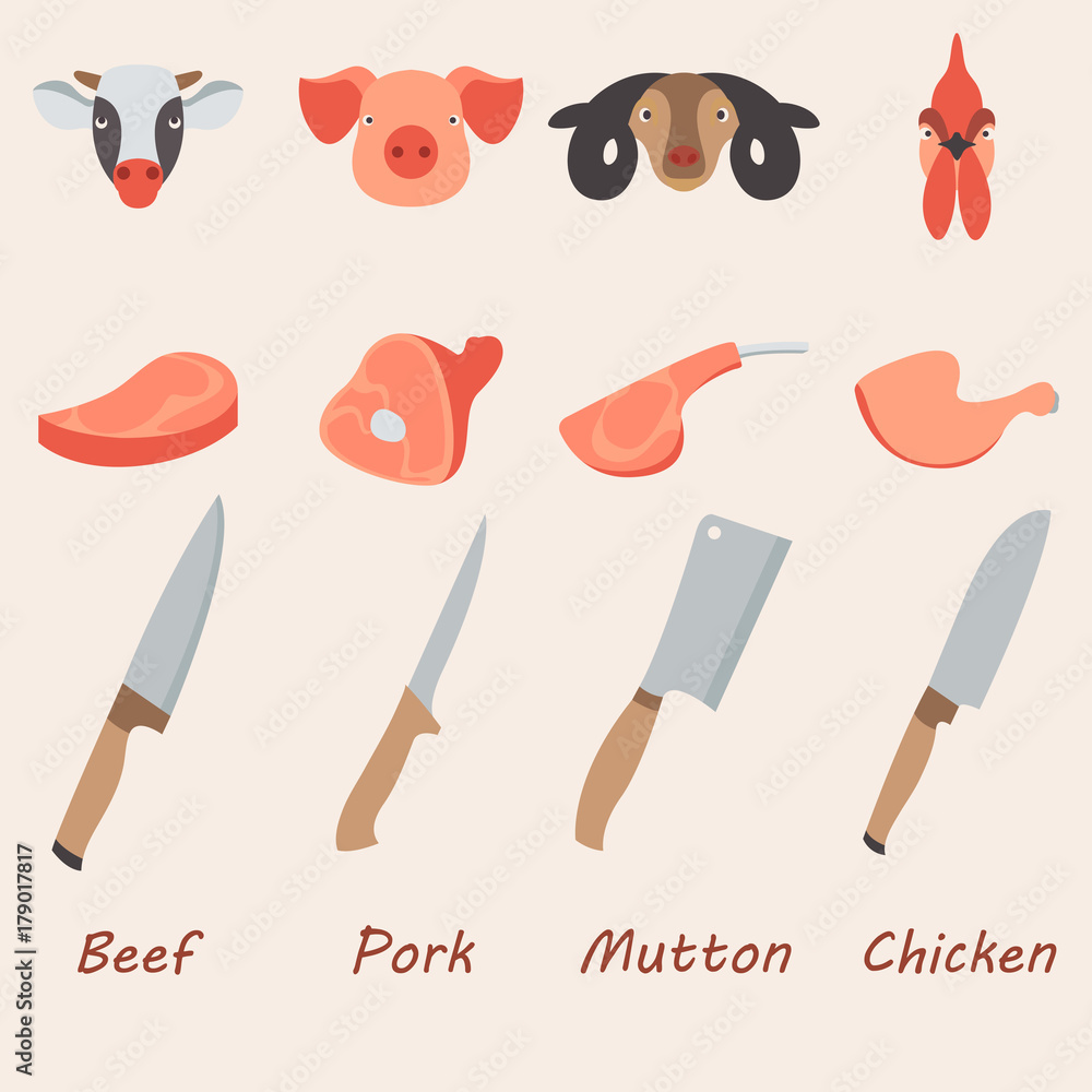 Vector illustration of meat and butcher knives