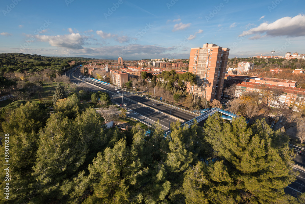 Madrid cityscape aerial view from casa de campo.