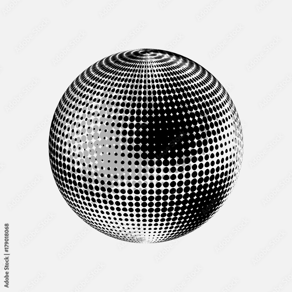 Abstract globe dotted sphere, 3d halftone effect vector background. Black and white vector illustration. Abstract globe dotted sphere, 3d halftone effect vector background. Black and white vector illustration.