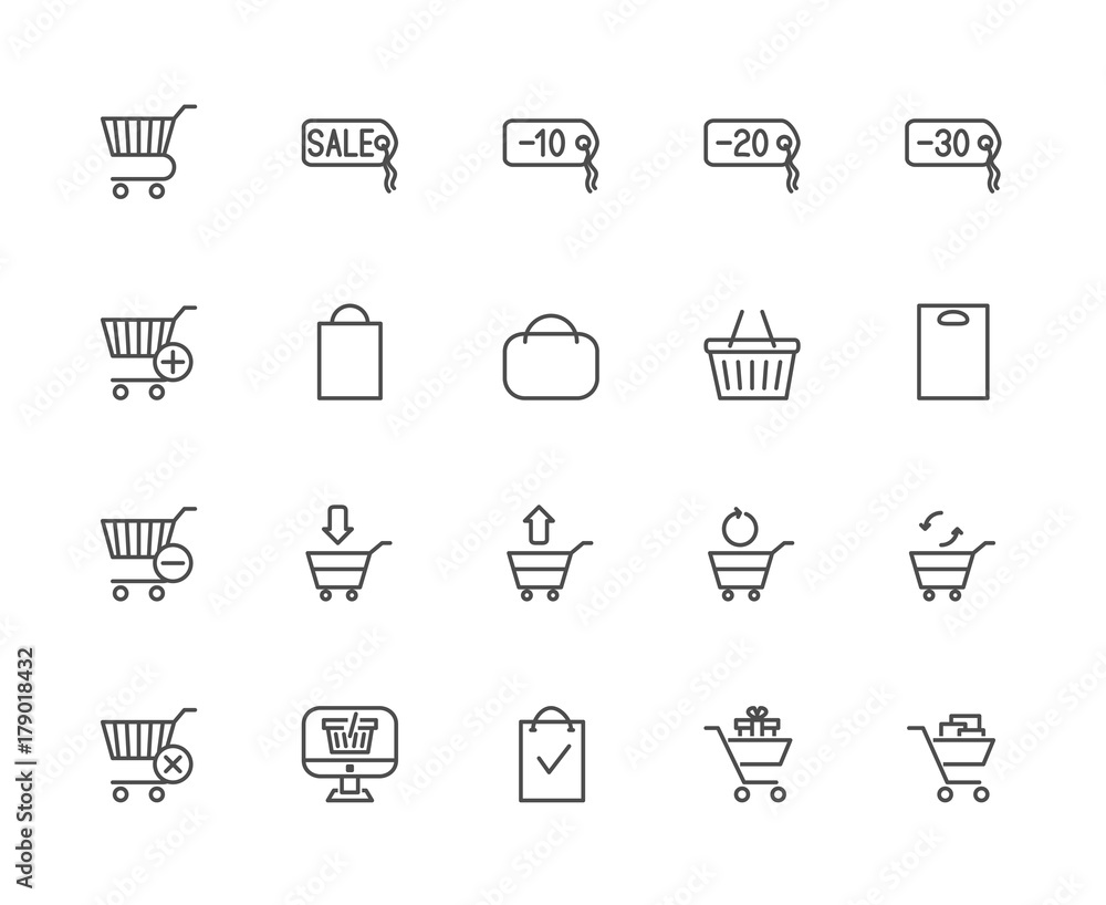 Simple Set of Shopping Cart Related Vector Line Icons. Contains such Icons as Sale, Express Checkout, Mobile Shop, Add, Refresh and more. Editable Stroke. 48x48 Pixel Perfect.