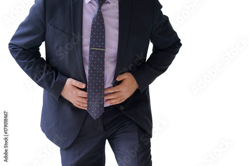 Businessman holding his stomach in pain isolated on a white background