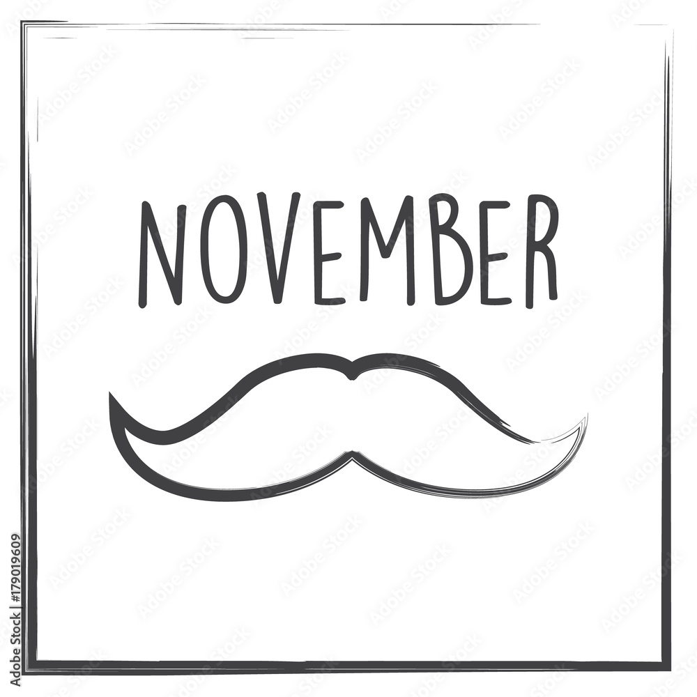 November month vector illustration with text, border and mustache symbol in ink brush chalk design isolated on white background. November month vector illustration with text, border and mustache symbol in ink brush chalk design isolated on white background.