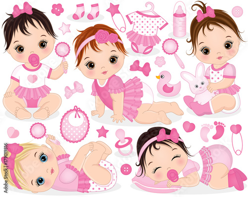 Vector Set with Cute Baby Girls, Toys and Accessories