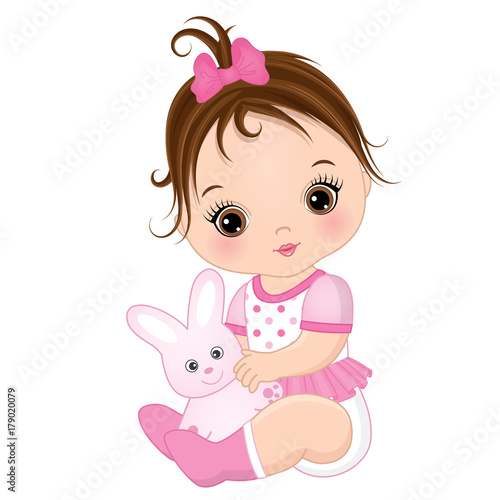 Vector Cute Baby Girl with Toy Bunny