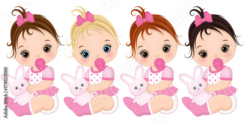 Vector Cute Baby Girls with Various Hair Colors