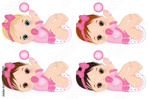 Vector Cute Baby Girls with Rattles and Various Hair Colors